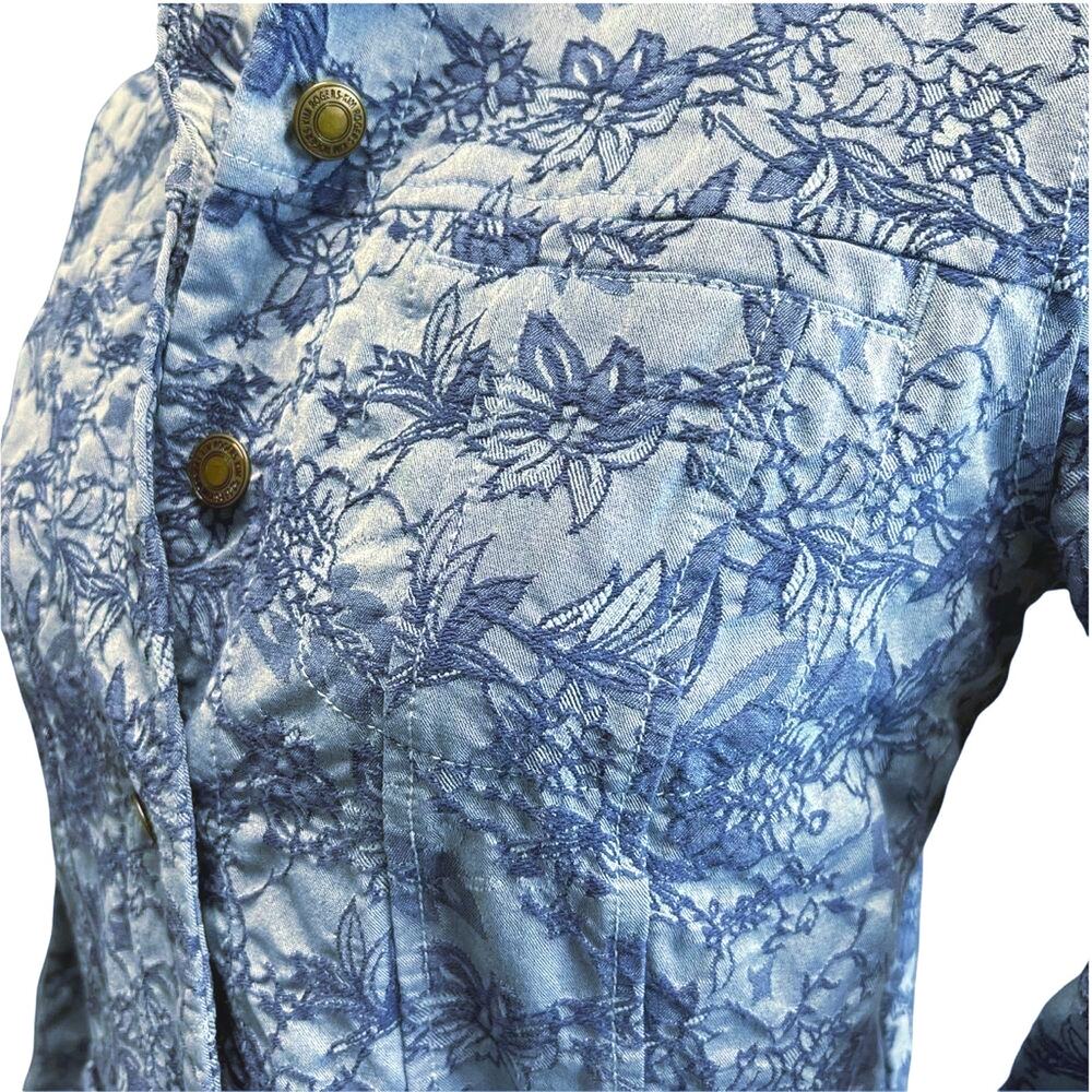 Kim Rogers Blue Floral Quilted Jacquard Button-Front Jacket Sz PM Cotton Blend - Picture 7 of 14